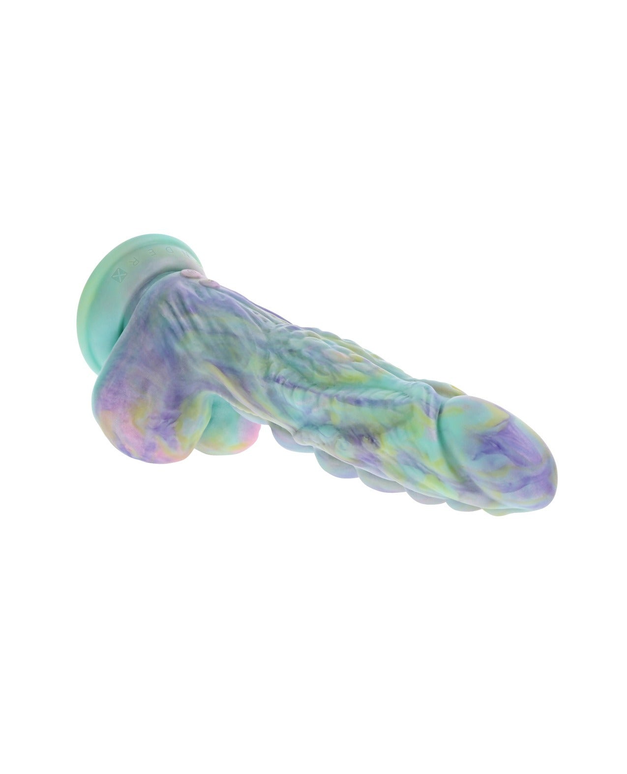 A silicone dildo with a marbled pastel color pattern of purple, green, and blue, set against a plain white background.
