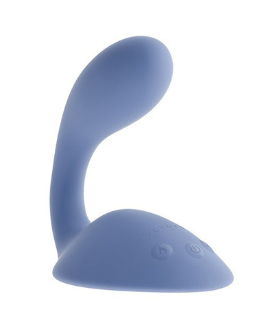 A light blue silicone personal massager with a curved, flexible stem and a rounded base, shown on a solid white background.
