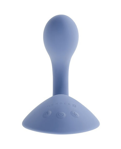 A light blue silicone personal massager with a suction cup base, featuring the debossed brand name 'GENDER X' and control icons on the front, set against a plain white background.