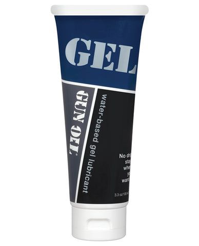Tube of gel lubricant with blue and black label on a white background