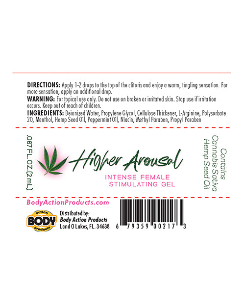 Label of Higher Arousal Intense Female Stimulating Gel with directions, ingredients, and branding.