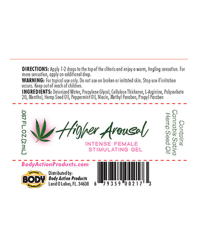 Label of Higher Arousal Intense Female Stimulating Gel with directions, ingredients, and branding.