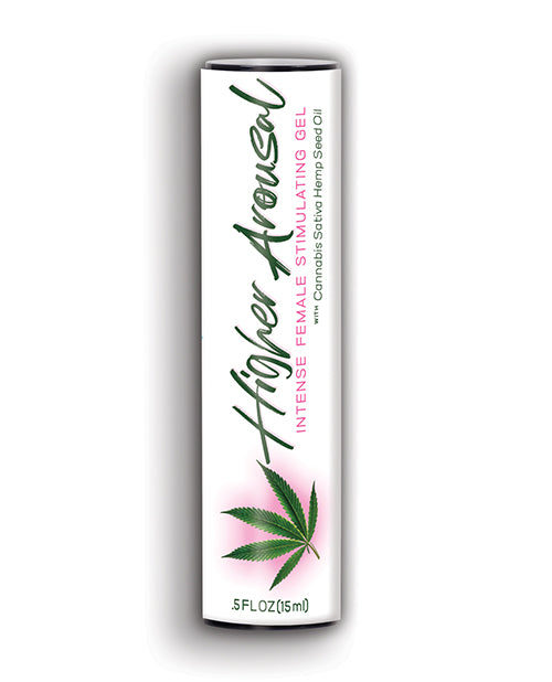 Product packaging for 'Higher Arousal' with cannabis leaf design on a white background