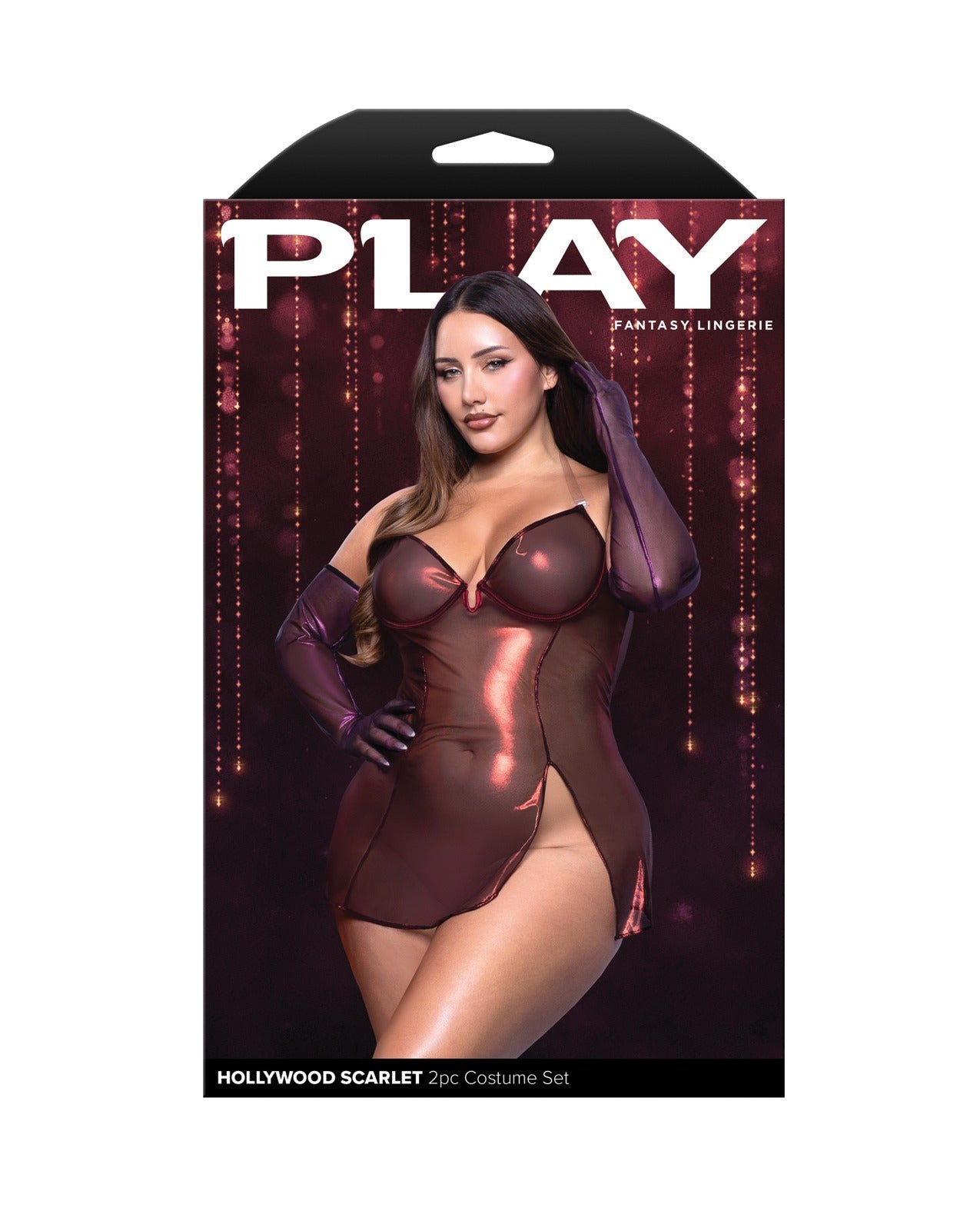 Packaging featuring a model wearing a shimmering lingerie dress.