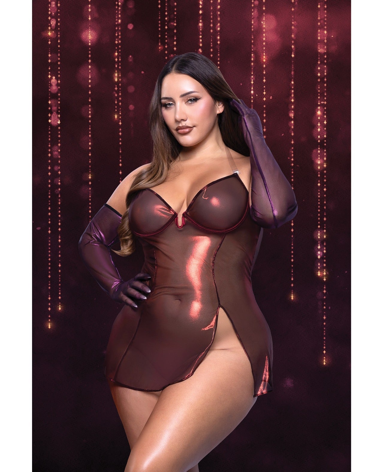 Model wearing a shimmering lingerie dress.
