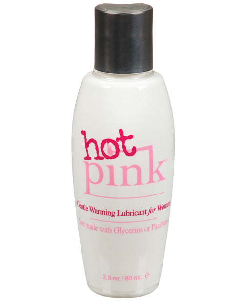 Bottle of 'hot pink' lubricant for women on a white background