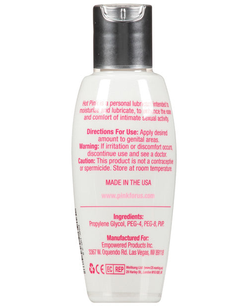 Personal lubricant bottle with pink text on a white background