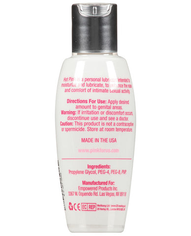 Personal lubricant bottle with pink text on a white background