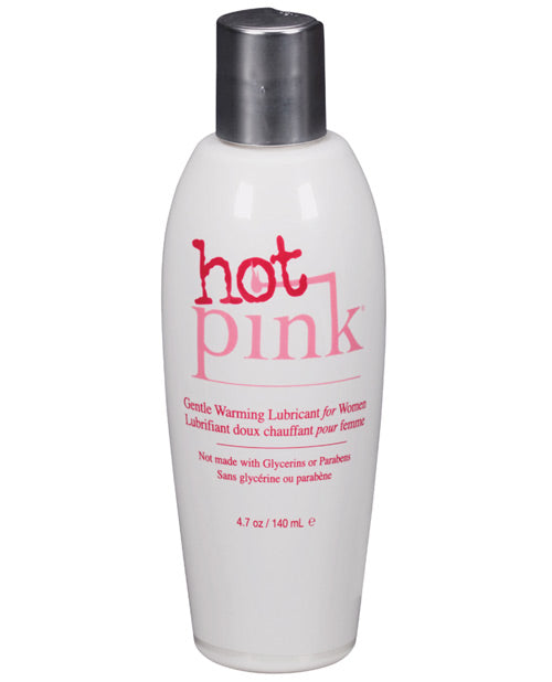 White bottle of 'hot pink' lubricant with pink text on a white background
