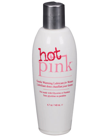 White bottle of 'hot pink' lubricant with pink text on a white background