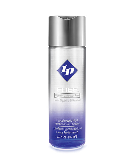 A bottle of ID Free Waterbased Lubricant. The bottle is clear at the top and blue at the bottom.