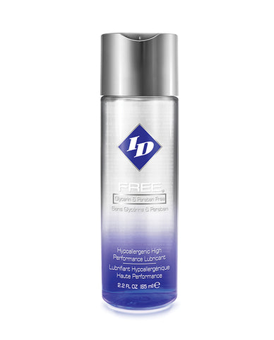 A bottle of ID Free Waterbased Lubricant. The bottle is clear at the top and blue at the bottom.