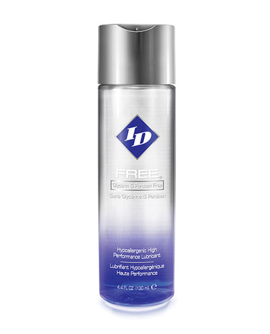 A bottle of ID Free Waterbased Lubricant. The bottle is clear at the top and blue at the bottom.