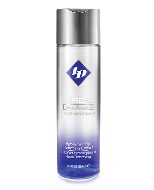 A bottle of ID Free Waterbased Lubricant. The bottle is clear at the top and blue at the bottom.