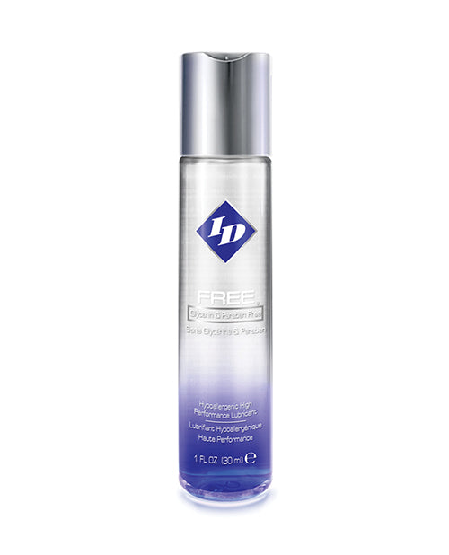 A bottle of ID Free Waterbased Lubricant. The bottle is clear at the top and blue at the bottom.