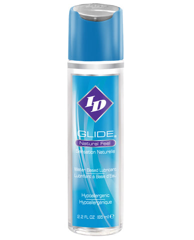 Bottle of ID Glide natural feel water-based lubricant on a white background