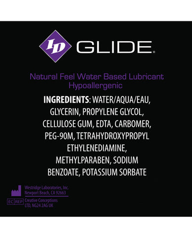 ID Glide natural feel water-based lubricant ingredients list on a black background