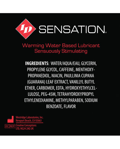 Product label for 'ID Sensation' warming water-based lubricant with ingredients list on a black background.
