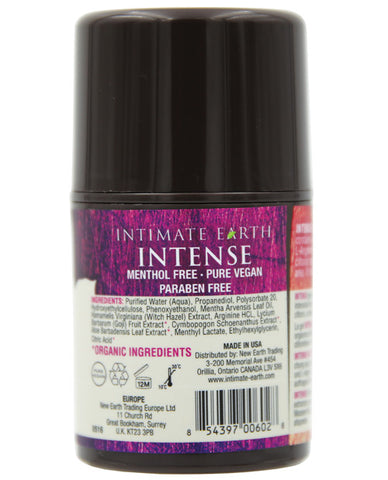 Intimate Earth Intense product packaging with purple and black design on a white background