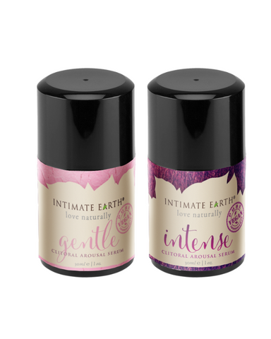 Two Intimate Earth arousal serum bottles, one labeled 'Gentle' and the other 'Intense', on a white background.