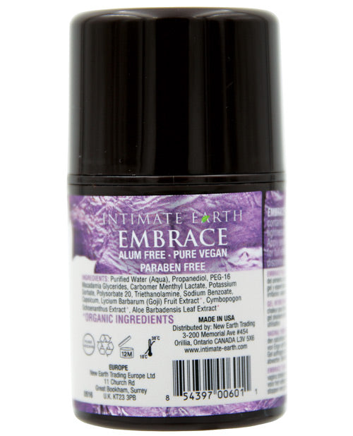 Intimate Earth Embrace container with purple label on a white background