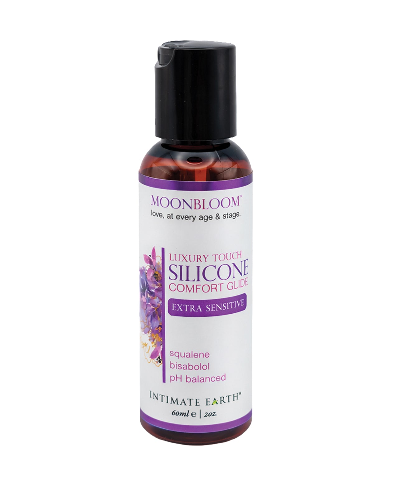 Silicone lubricant bottle with purple label on a white background