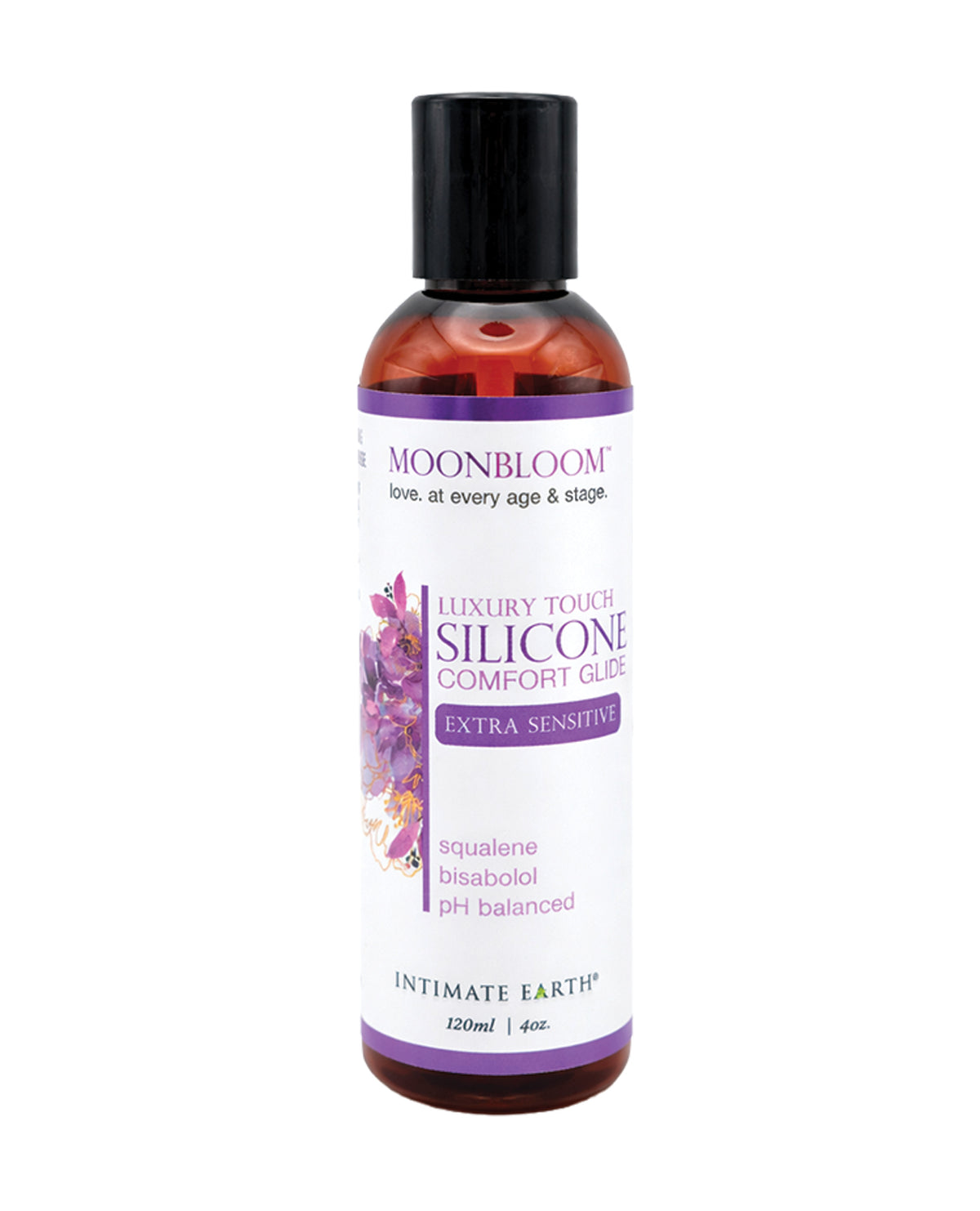Bottle of Intimate Earth Moonbloom silicone glide on a white background