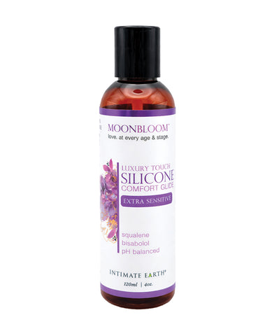 Bottle of Intimate Earth Moonbloom silicone glide on a white background