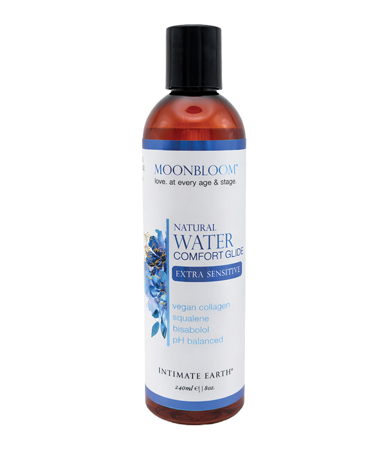 Bottle of Moonbloom Natural Water Comfort Glide on a white background
