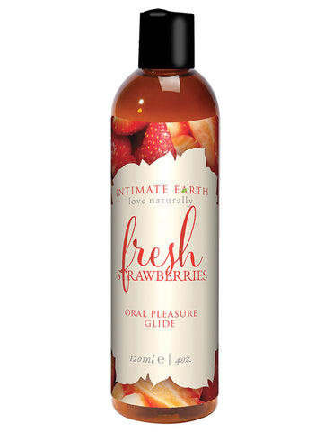 A bottle of Intimate Earth Fresh Strawberries Natural Flavor Glide