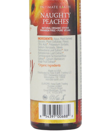 The back of a bottle of Intimate Earth Naughty Peaches Natural Flavor Glide