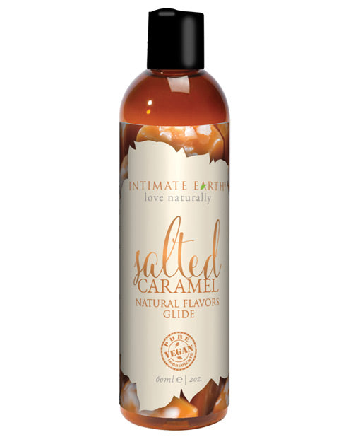A bottle of Intimate Earth Salted Caramel Natural Flavor Glide