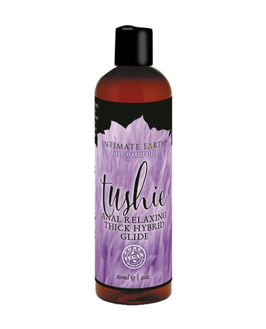 Bottle of Intimate Earth tushie anal relaxing thick hybrid glide on a white background