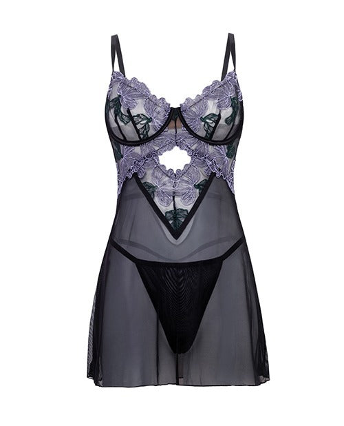 Sheer black lingerie with purple and green floral details on the bust.