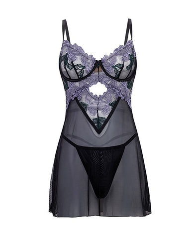 Sheer black lingerie with purple and green floral details on the bust.