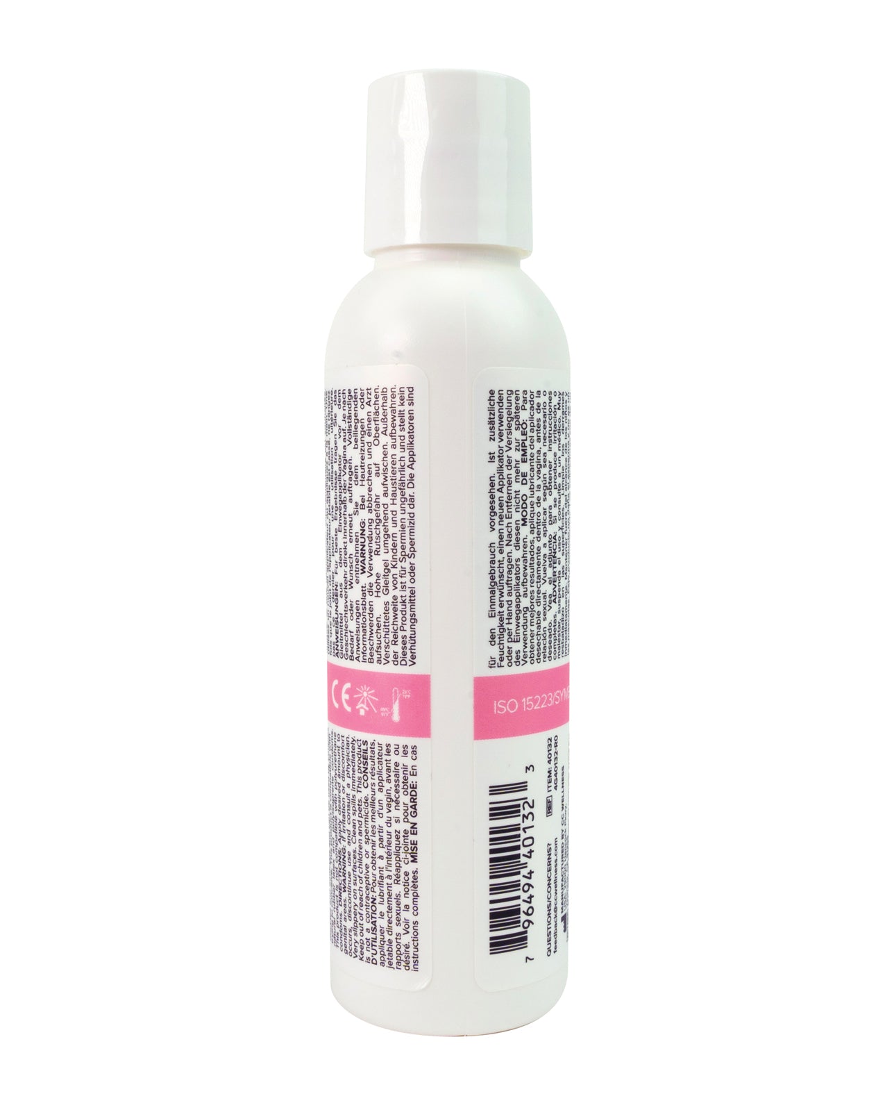 White bottle with text and a pink label on a white background