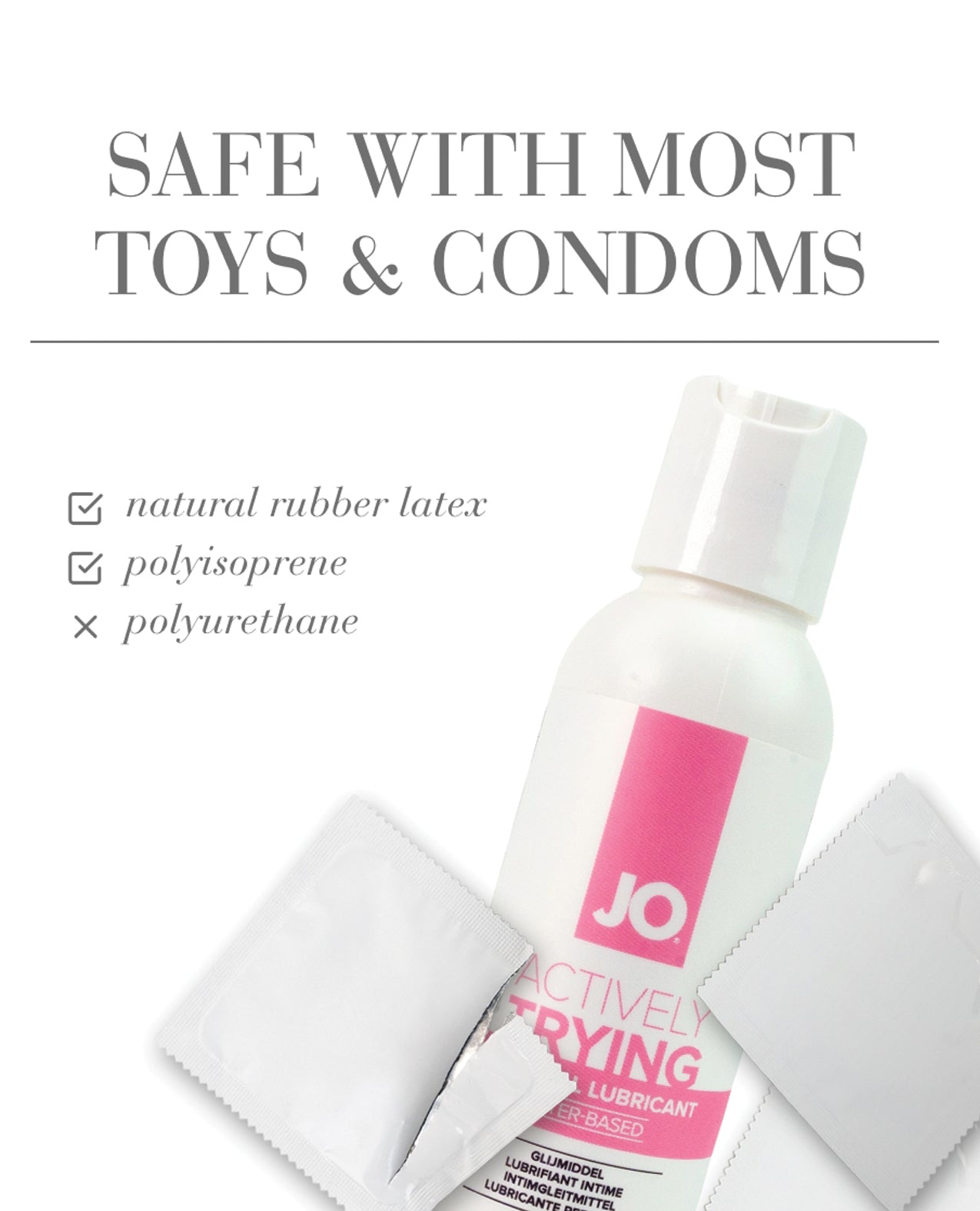 JO lubricant bottle with text about compatibility with toys and condoms on a white background