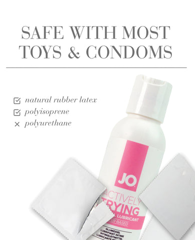 JO lubricant bottle with text about compatibility with toys and condoms on a white background