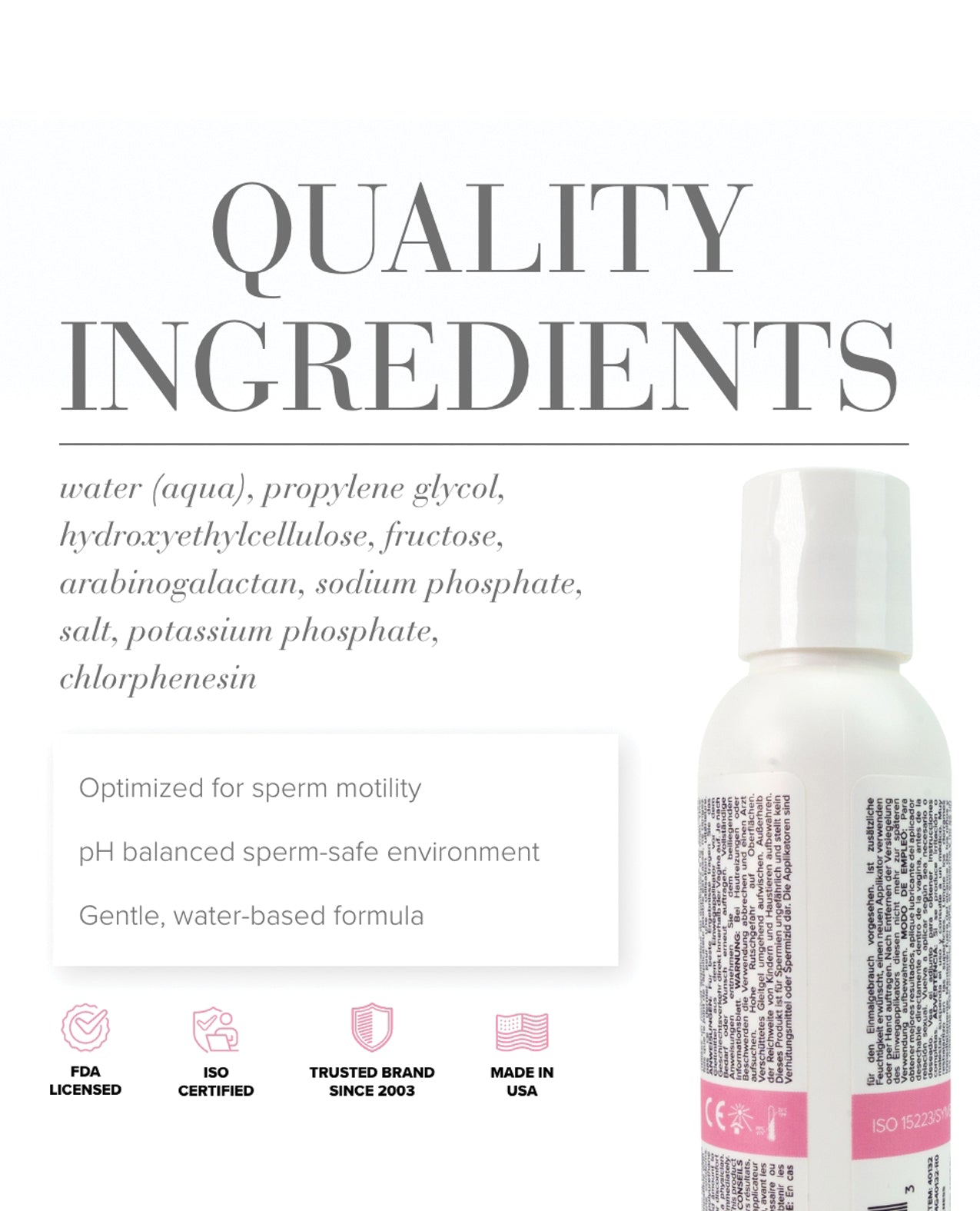 Product bottle with ingredients list and certification logos on a white background