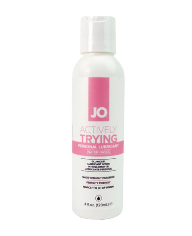 White bottle of JO personal lubricant with pink label on a white background