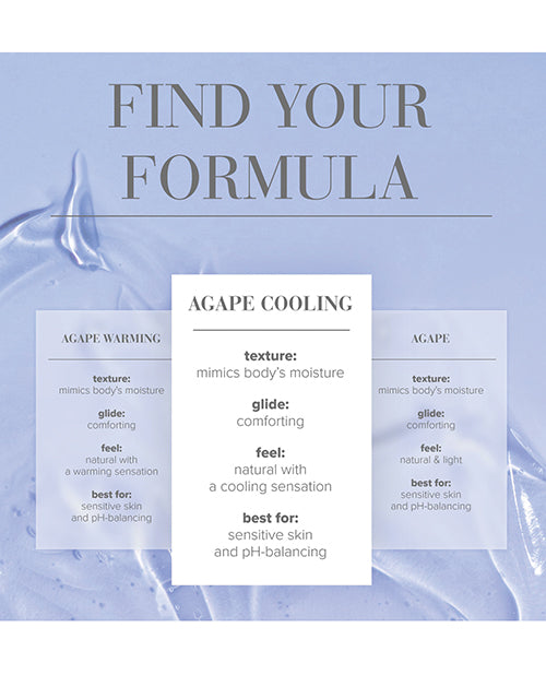 Product packaging with text 'Find Your Formula' and descriptions of Agape products on a light blue background.