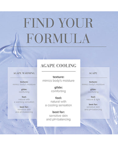 Product packaging with text 'Find Your Formula' and descriptions of Agape products on a light blue background.