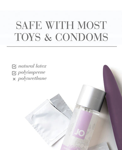 Product packaging with text 'Safe with most toys & condoms' on a white background