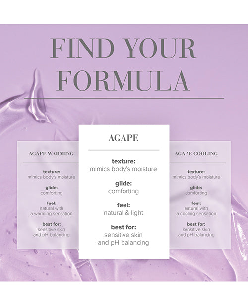 Product packaging with 'Find Your Formula' text and three variants labeled 'Agape Warming', 'Agape Cooling', and 'Agape'.