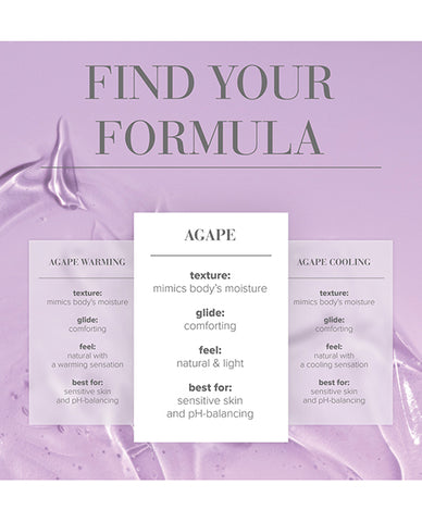 Product packaging with 'Find Your Formula' text and three variants labeled 'Agape Warming', 'Agape Cooling', and 'Agape'.