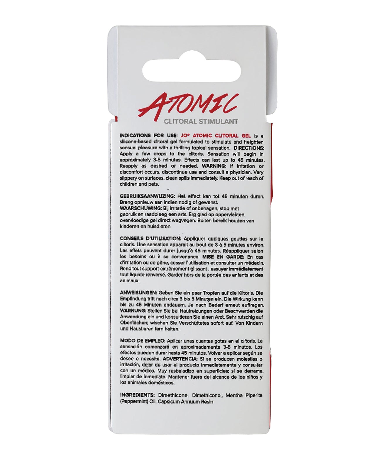 Back packaging of JO Atomic Clitoral Gel.