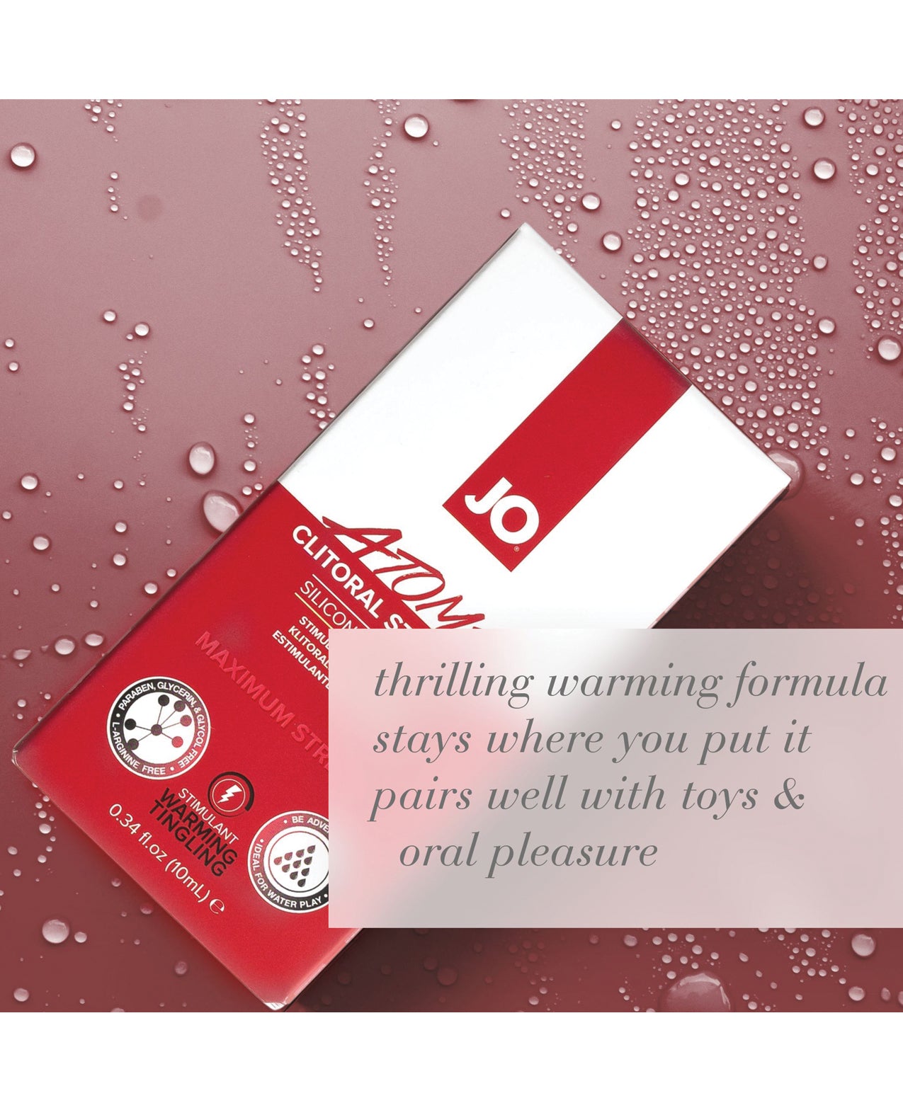 JO Atomic Clitoral Gel packaging on red background.