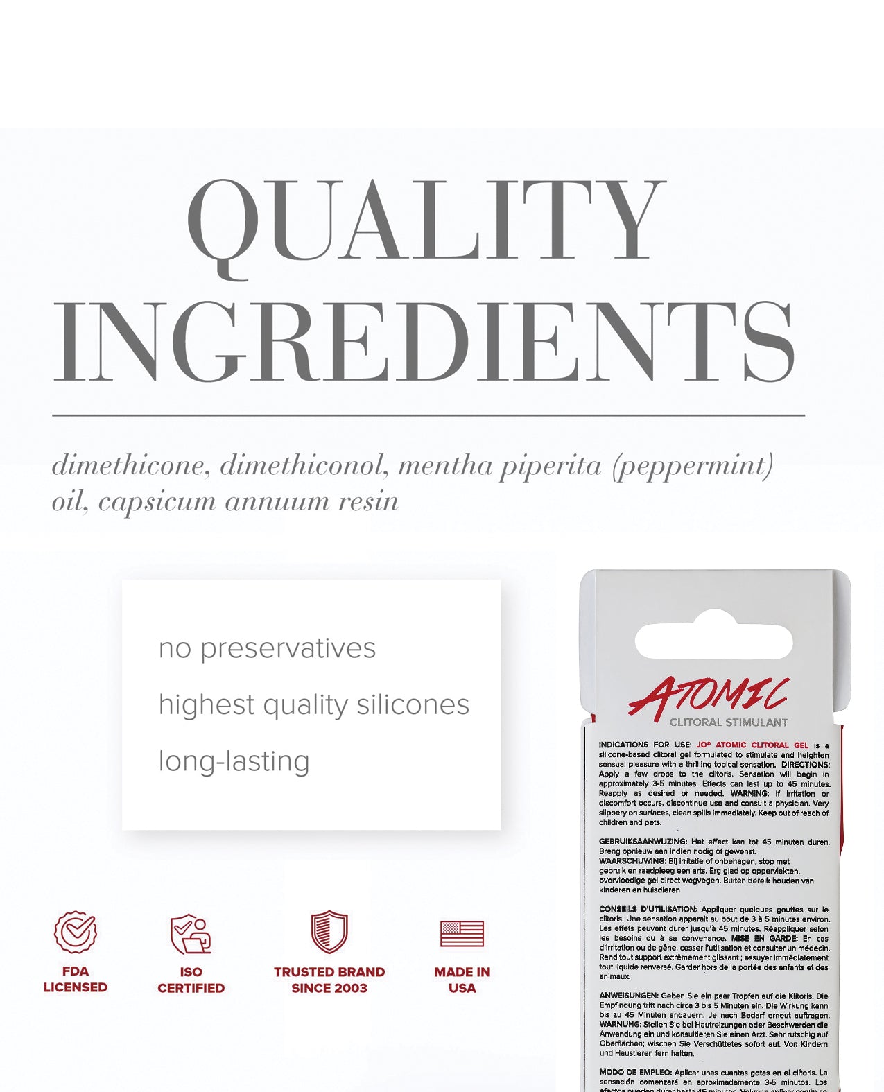 Ingredients list for JO Atomic Warming Clitoral gel