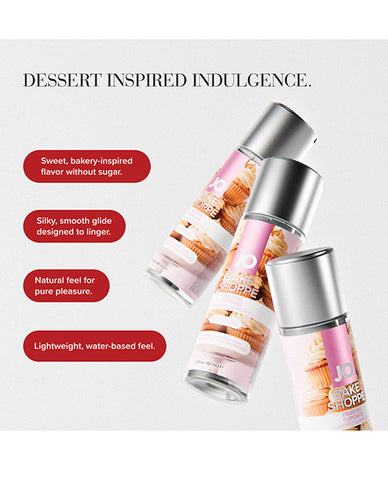 Three bottles of a dessert-themed product with text describing its features on a light gray background.