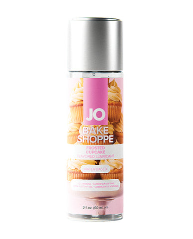 Bottle of JO Bake Shoppe lubricant with cupcake design on a white background
